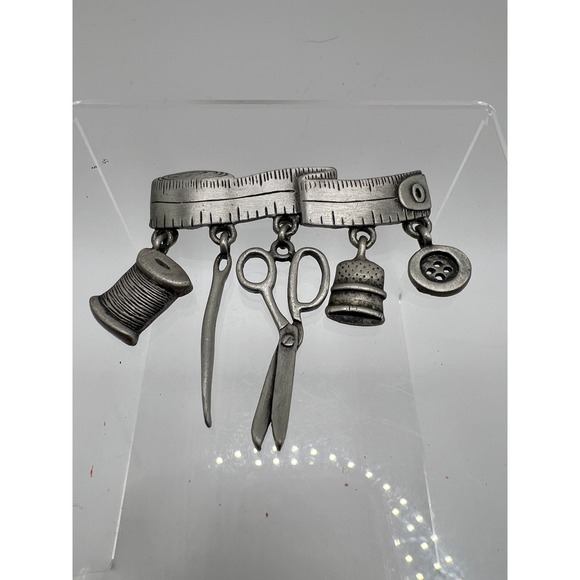 JJ Jonette Jewelry - Vintage JJ Jonette Pewter Sewing Charm Pin Brooch 2" Silver Tone